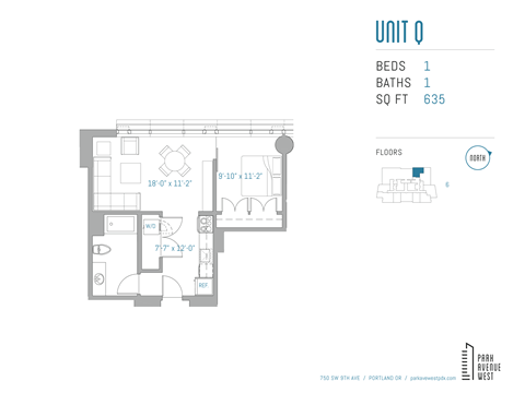 Floor plan for 1 bed, 1 bath, 635 sqft